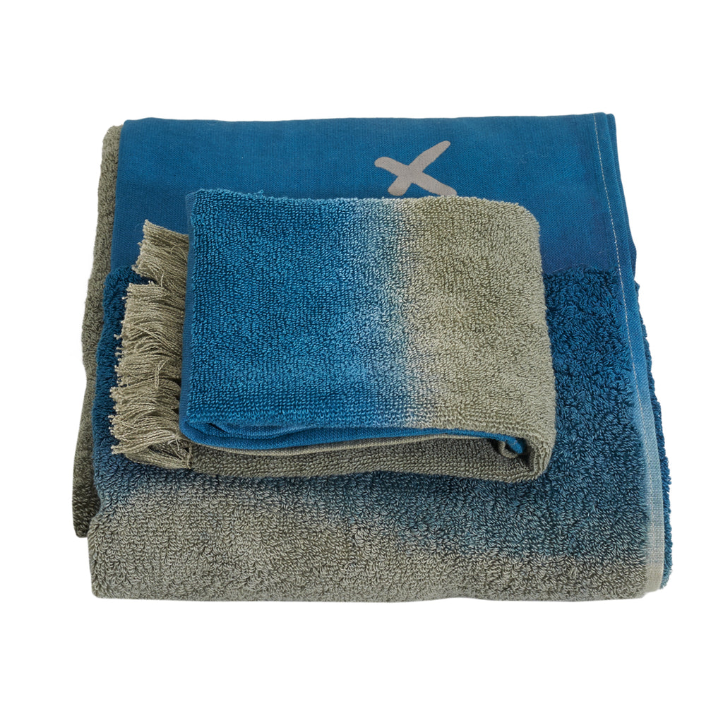 Fringed bath towel kaki-blue (two sizes)bed and philosophy- Cachette
