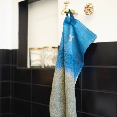 Petite serviette frangée visage ou invité 30x45cm kaki-bleu